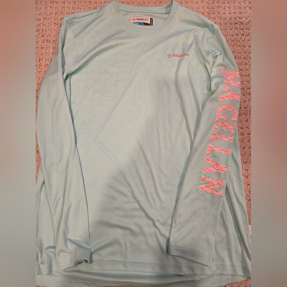 Magellan Performance Long Sleeve Tee - Light Aqua with Coral Logo